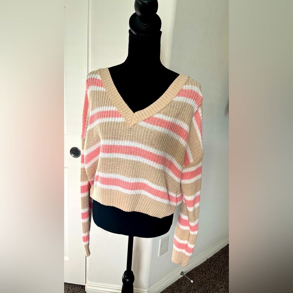 Wild Fable Striped Cropped Sweater | V-Neck | Size X-Large
